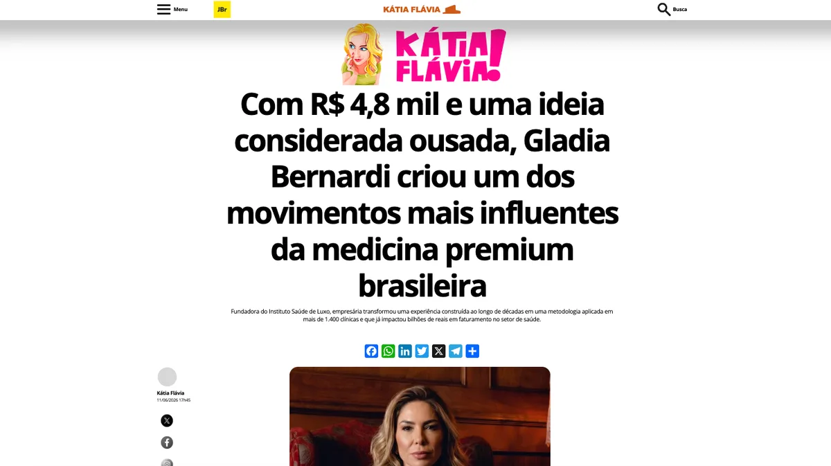 Matéria no Jornal de Brasília: Com R$ 4,8 mil e uma ideia considerada ousada, Gladia Bernardi criou um dos movimentos mais influentes da medicina premium brasileira